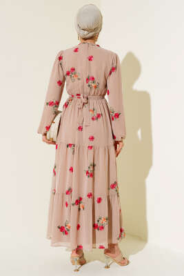 Nakışlı Şifon Elbise Latte - Tesettür Elbise