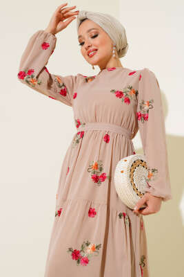 Nakışlı Şifon Elbise Latte - Tesettür Elbise