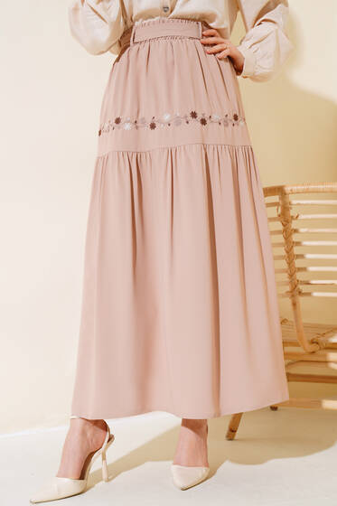 Nakışlı Şifon Etek Bej - Etek