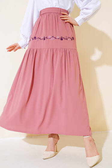 Nakışlı Şifon Etek Pudra - Etek