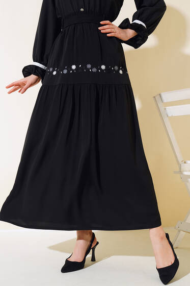 Nakışlı Şifon Etek Siyah - Etek