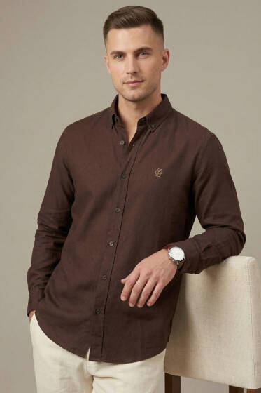 Nakışlı Tensel Erkek Gömlek Kahve - Erkek Gömlek