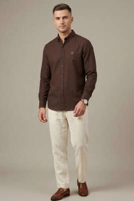 Nakışlı Tensel Erkek Gömlek Kahve - Erkek Gömlek
