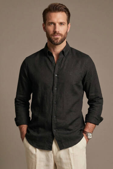 Nakışlı Tensel Erkek Gömlek Siyah - Erkek Gömlek