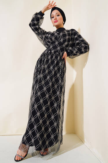 Nakışlı Tüllü Elbise Siyah - Tesettür Elbise