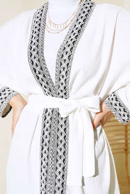 Nakışlı Uzun Kimono Ekru - Thumbnail