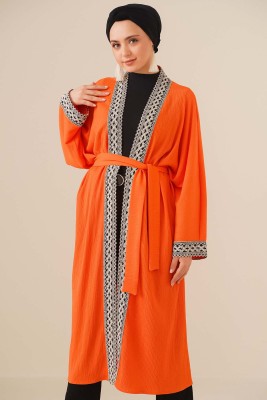 Nakışlı Uzun Oranj Kimono - Thumbnail