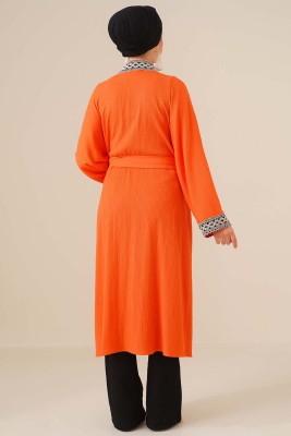 Nakışlı Uzun Oranj Kimono - Thumbnail