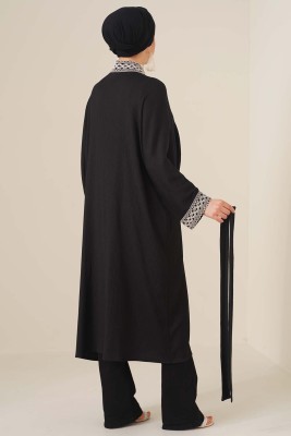 Nakışlı Uzun Siyah Kimono - Thumbnail