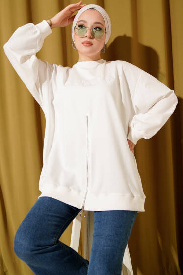 Nakışlı Ve Taşlı Sweatshirt Ekru - Tunik
