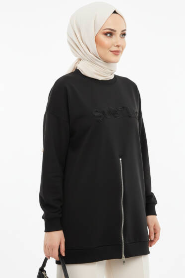 Nakışlı Ve Taşlı Sweatshirt Siyah - Tunik