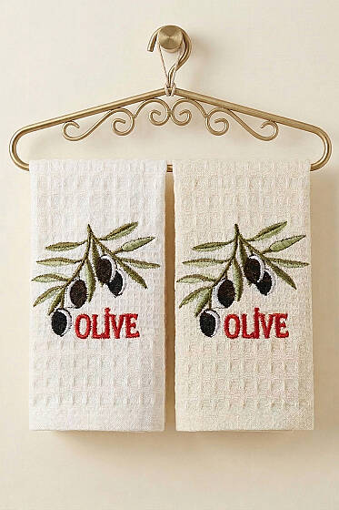 Nakışlı Waffle Mutfak Havlusu 2’li Set Asorti 2 - HAVLU TAKIMLARI