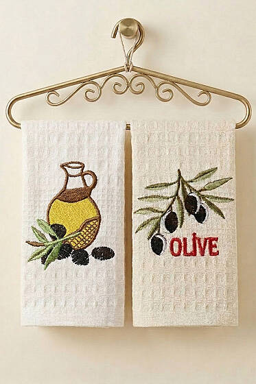 Nakışlı Waffle Mutfak Havlusu 2’li Set Asorti 3 - HAVLU TAKIMLARI