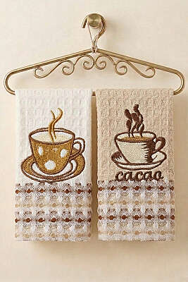 Nakışlı Waffle Mutfak Havlusu 2’li Set Asorti 5 - MAHİR HAVLU