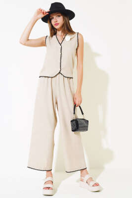 Nakışlı Yelekli İkili Takım Bej 