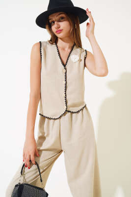 Nakışlı Yelekli İkili Takım Bej - Kadın Giyim Modelleri