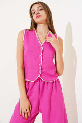 Nakışlı Yelekli İkili Takım Fuşya 