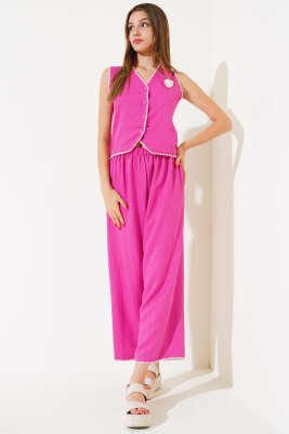 Nakışlı Yelekli İkili Takım Fuşya - Kadın Giyim Modelleri