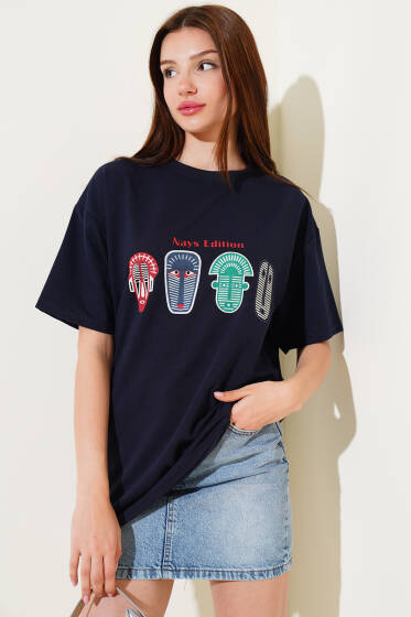 Nays Edition Baskılı T-shirt Lacivert - Kadın Giyim Modelleri