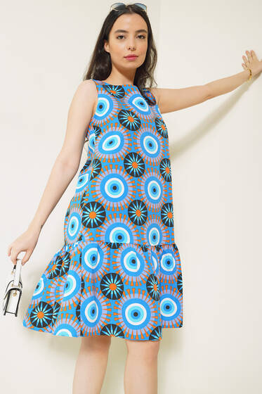 Nazar Boncuğu Desenli Sıfır Kol Elbise İndigo - Kadın Giyim Modelleri