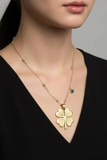 Nazar Boncuk Detaylı Yonca Kolye Gold - Kolye