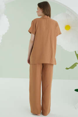 NBB Cep Nakışlı Kısa Kol Müslin Pijama Takım Kahverengi - Kadın Pijama Takımı