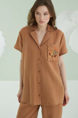 NBB Cep Nakışlı Kısa Kol Müslin Pijama Takım Kahverengi - Kadın Pijama Takımı