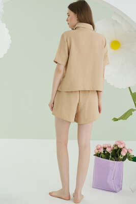 NBB Cep Nakışlı Şortlu Müslin Pijama Takımı Bej - Kadın Pijama Takımı