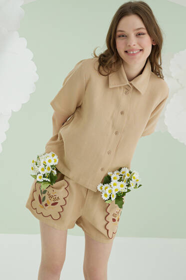 NBB Cep Nakışlı Şortlu Müslin Pijama Takımı Bej - Pijama