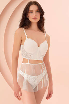 NBB Dantelli Tüllü Destekli Sütyen Takım Ekru - Destekli Sütyen Takım