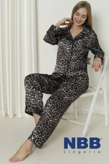 NBB Desenli Saten Pijama Takımı Leopar - Kadın Pijama Takımı
