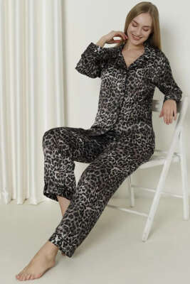 NBB Desenli Saten Pijama Takımı Leopar - Kadın Pijama Takımı
