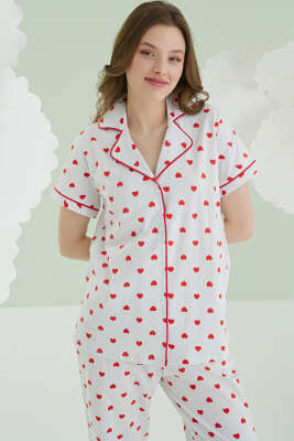 NBB Kalp Desenli Düğmeli Keten Pijama Takımı Ekru - Kadın Pijama Takımı