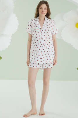 NBB Kalpli Düğmeli Şort Keten Pijama Takım Ekru - Kadın Pijama Takımı
