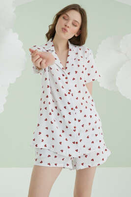 NBB Kalpli Düğmeli Şort Keten Pijama Takım Ekru - Kadın Pijama Takımı