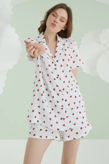 NBB Kalpli Düğmeli Şort Keten Pijama Takım Ekru - Kadın Pijama Takımı