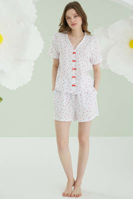 NBB Kalpli Fiyonklu Şortlu Müslin Pijama Takım Ekru - Kadın Pijama Takımı