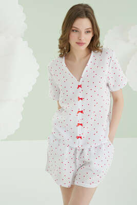 NBB Kalpli Fiyonklu Şortlu Müslin Pijama Takım Ekru - Kadın Pijama Takımı