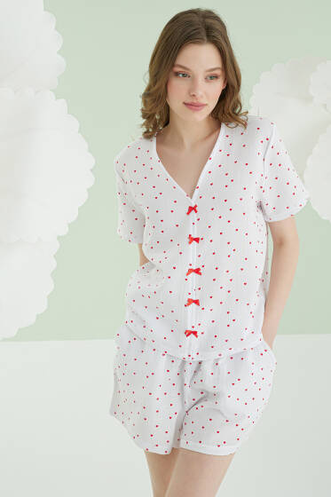 NBB Kalpli Fiyonklu Şortlu Müslin Pijama Takım Ekru - Pijama