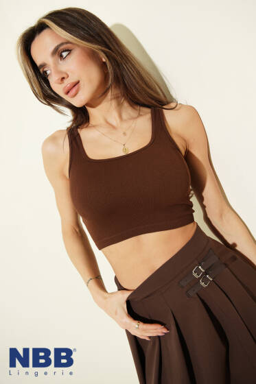 NBB Kare Yaka Fitilli Crop Body Kahve - Kadın Giyim Modelleri