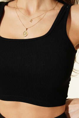NBB Kare Yaka Fitilli Crop Body Siyah - Kadın Giyim Modelleri