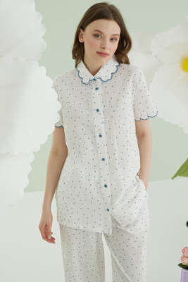 NBB Puantiyeli Keten Pijama Takımı Mavi - Kadın Pijama Takımı