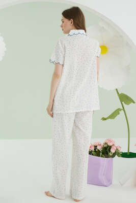 NBB Puantiyeli Keten Pijama Takımı Mavi - Kadın Pijama Takımı