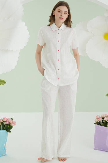 NBB Puantiyeli Keten Pijama Takımı Pembe - Pijama