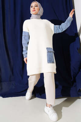 Kot Kol ve Cepli Angora Tunik Vanilya - Triko Tunik