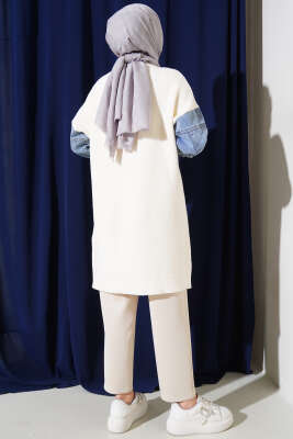 Kot Kol ve Cepli Angora Tunik Vanilya - Triko Tunik