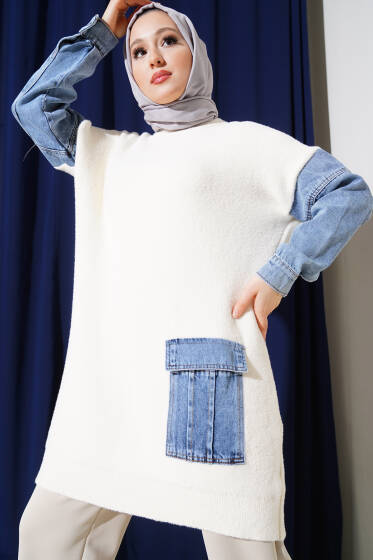 Kot Kol ve Cepli Angora Tunik Vanilya - Tunik