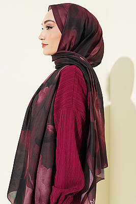 Nergis Desenli Soft Şal Siyah Bordo - Başörtüsü
