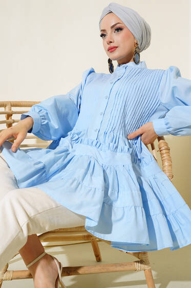 Nervül Detaylı Tunik Buz Mavisi - Tunik