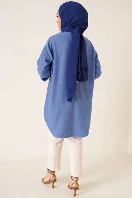 Nervür Detaylı Salaş Gömlek İndigo - Yılın Fırsatı